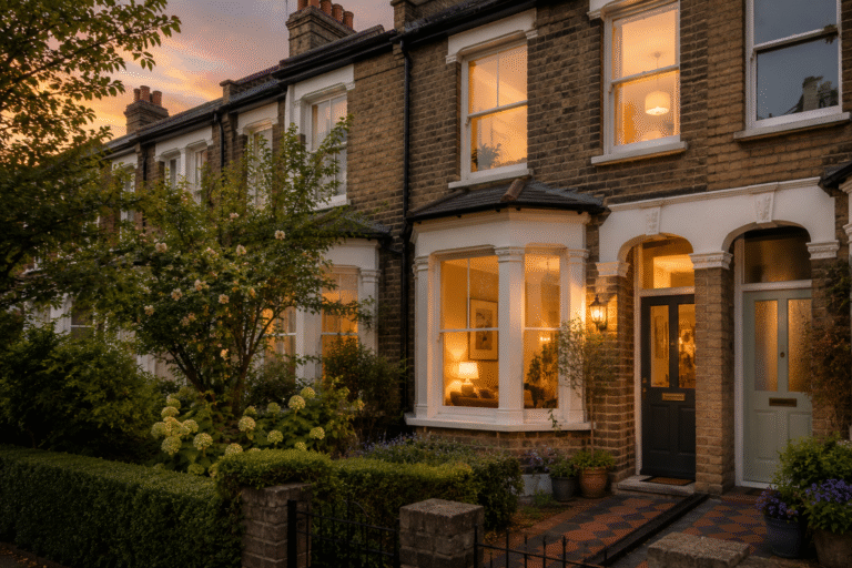 UK semi-detached home with lamps glowing in the evening while the owners are away on holiday mydome security